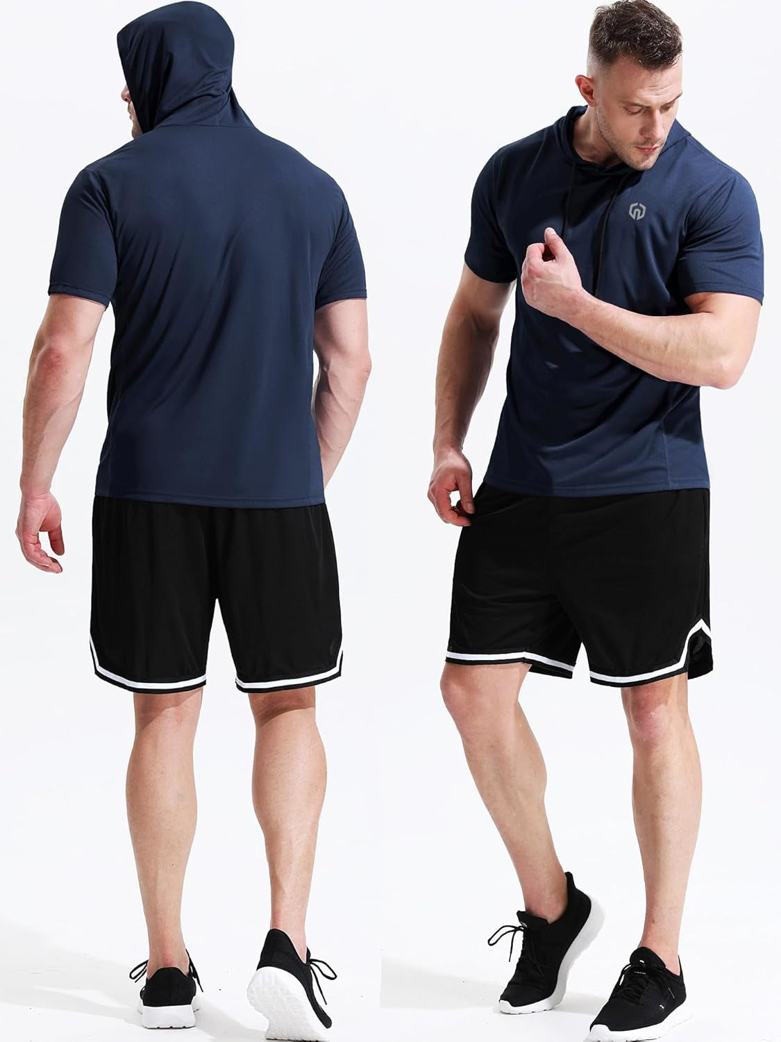 Men'S Running Shirt Mesh Workout Athletic Shirts with Hoods,5084,2 Pack,Red/Navy Blue,Us L,EU XL