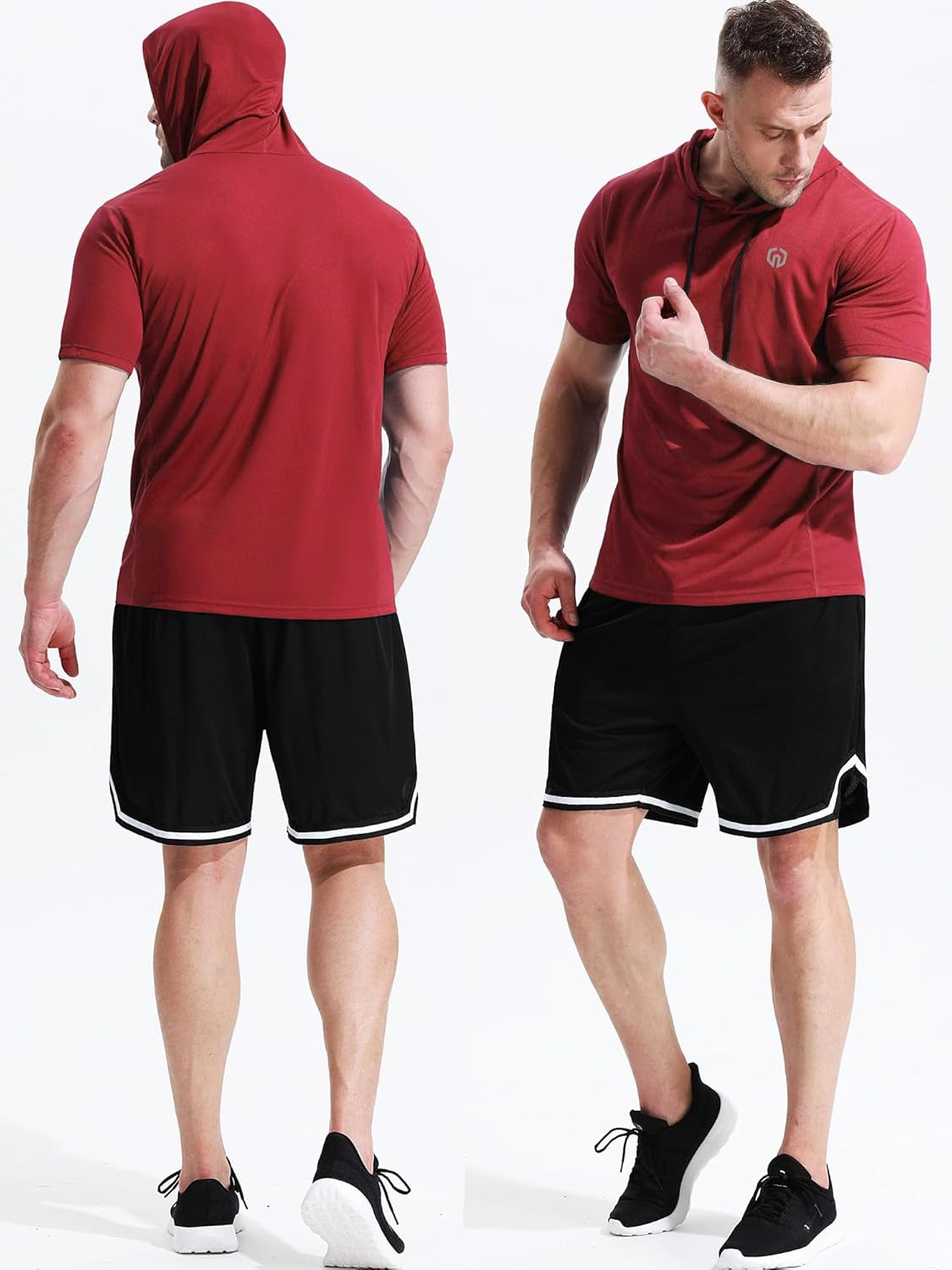 Men'S Running Shirt Mesh Workout Athletic Shirts with Hoods,5084,2 Pack,Red/Navy Blue,Us L,EU XL
