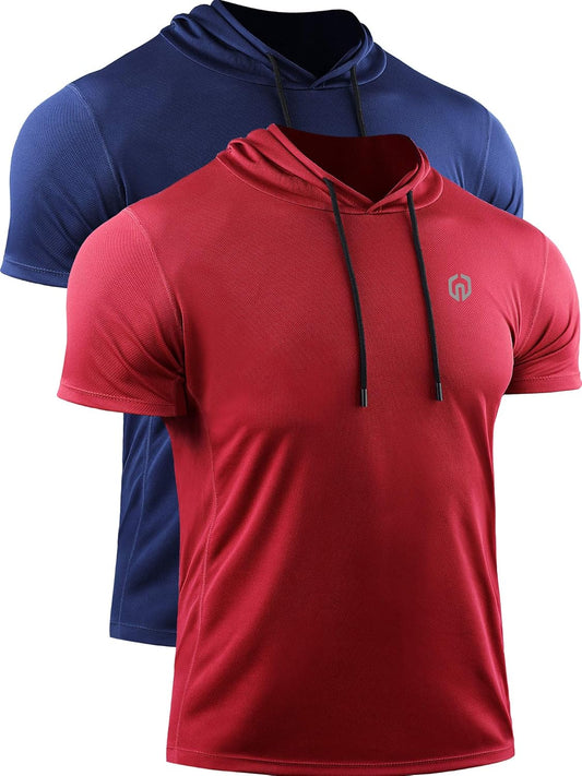 Men'S Running Shirt Mesh Workout Athletic Shirts with Hoods,5084,2 Pack,Red/Navy Blue,Us L,EU XL