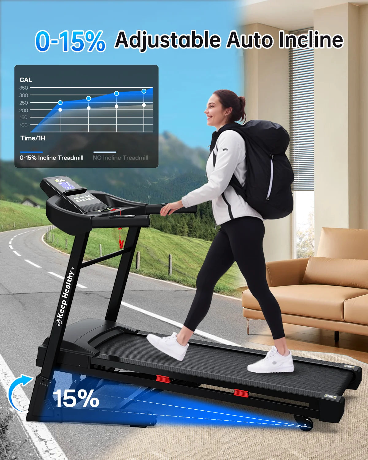 400LBS Capacity 3.5 HP Treadmill with 15% Auto Incline for Home- Heavy Duty Treadmill Foldable with App/Bluetooth - 18 Inch Wide Belt, Folding Treadmill for Home Gym Walking Running Exercise
